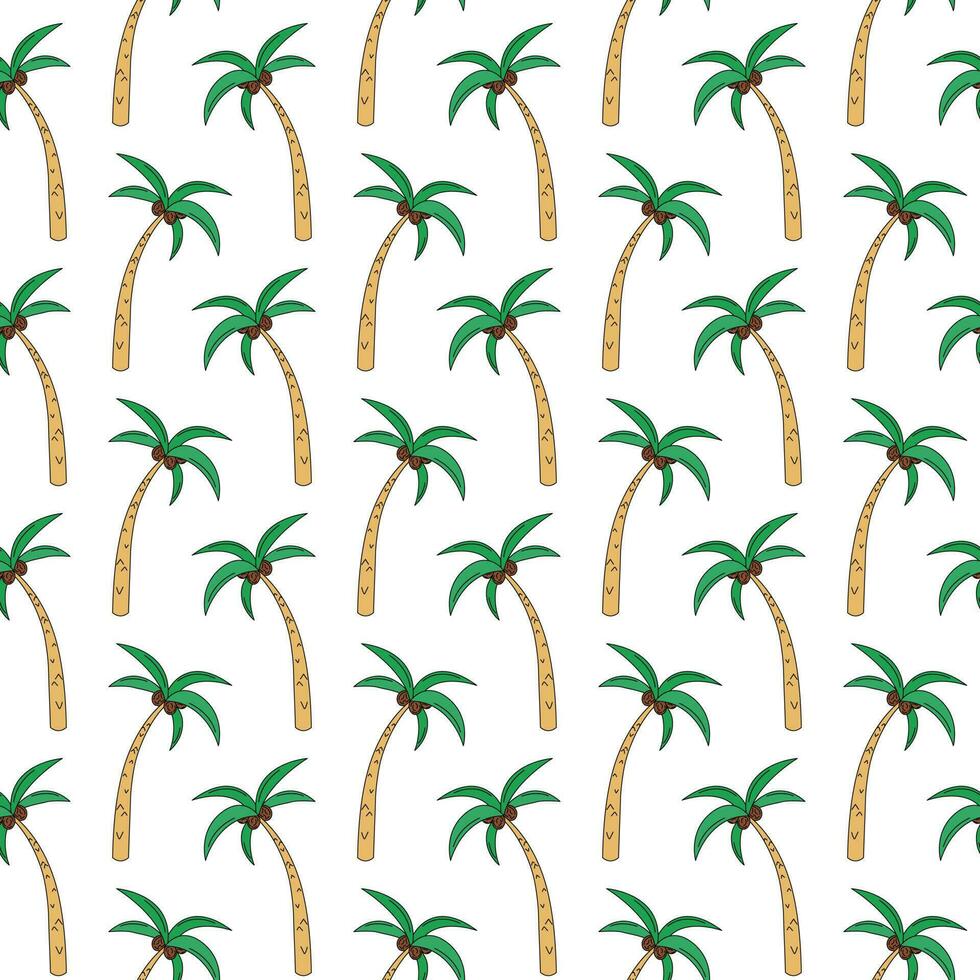 Doodle Palm trees seamless vector pattern. Repeat travel tropical background. Funny hand drawn summer elements