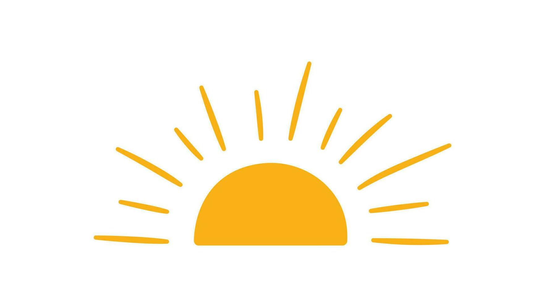 Yellow half sun icon in doodle style. Hand drawn sunset simple graphic symbol. Summer heat icon. Half round solar element. Vector illustration isolated on white background