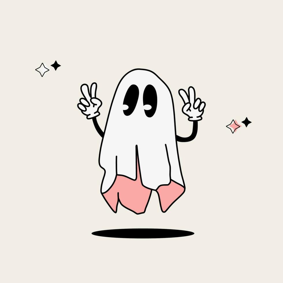 Groovy white sheet ghost, peace sign hand, vintage halloween ghost character, cute halloween vector