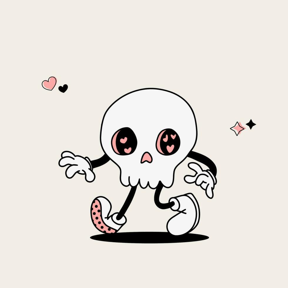 Cute skull character in retro style, groovy halloween skull mascot with hearts, vintage skeleton head vector