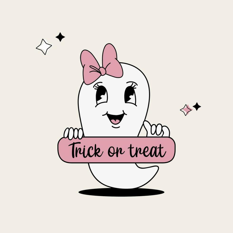 Cute cartoon ghost girl with pink bow in vintage style, groovy halloween character vector