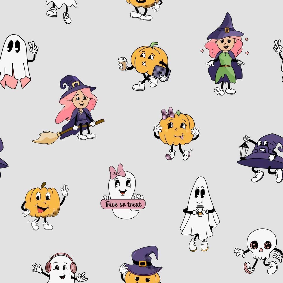 Halloween groovy pattern, funny vintage pumpkin mascots, cute little witch character, seamless pattern vector