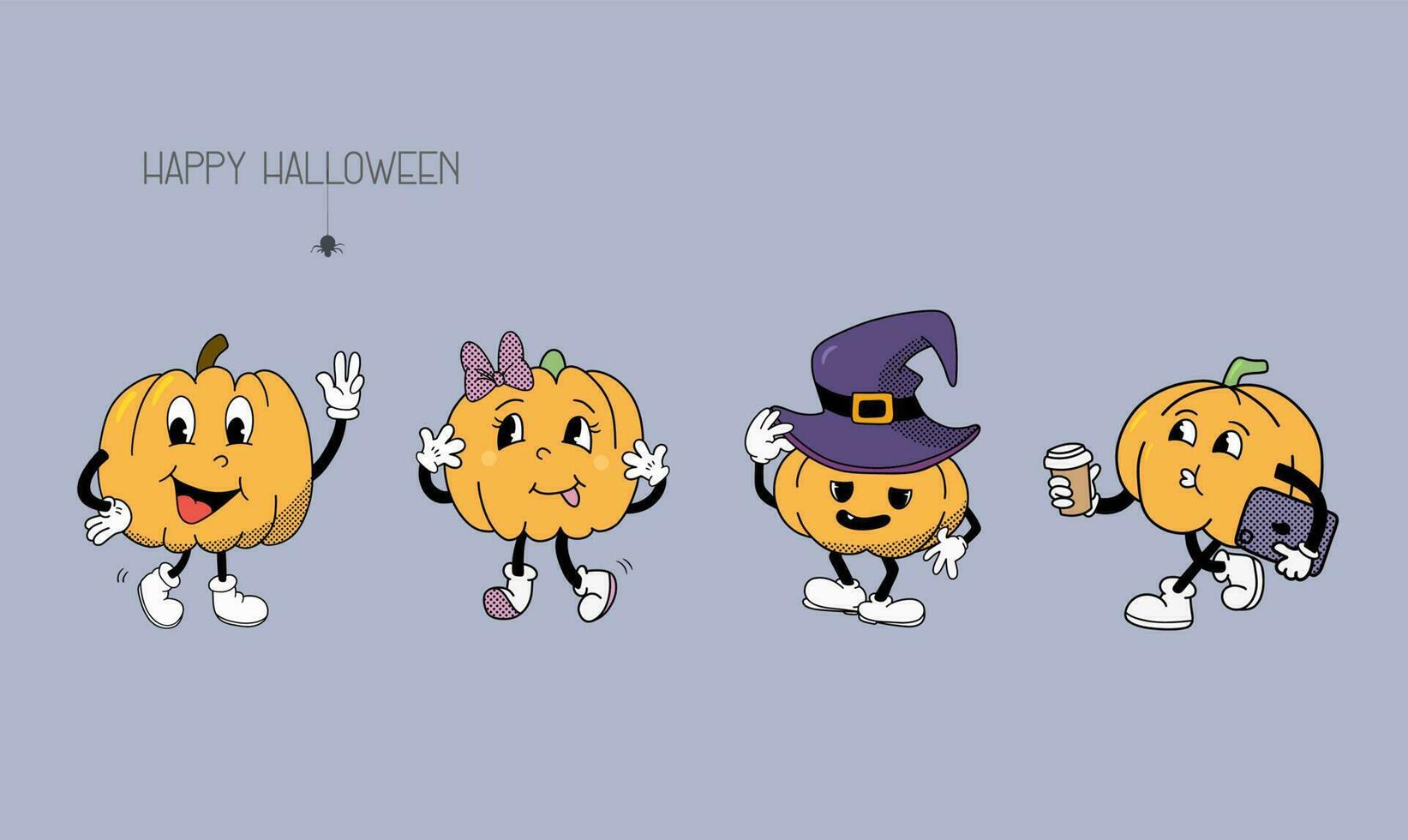 Funny pumpkin mascots, pumpkins groovy characters, cute Halloween set, funny vegetables in retro style vector