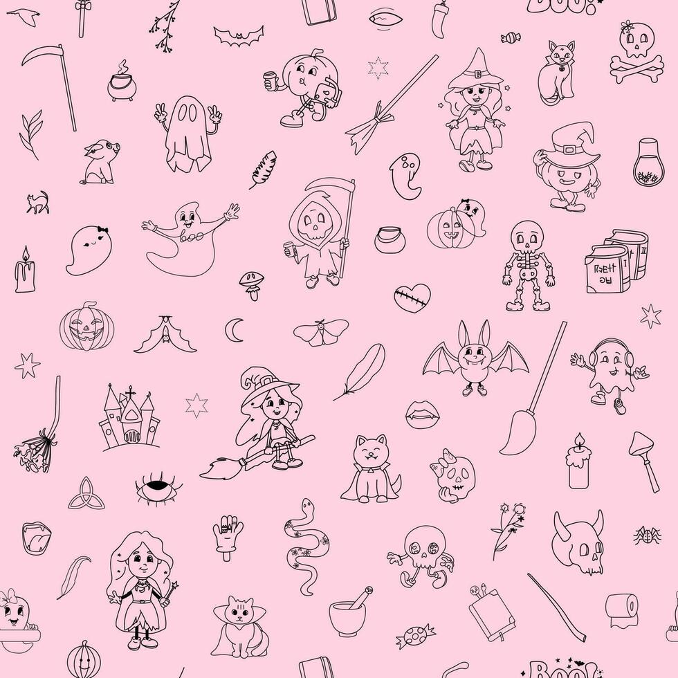 Pink Halloween Seamless pattern, Cute doodle characters, Witch girl mascot backdrop, Halloween bundle vector