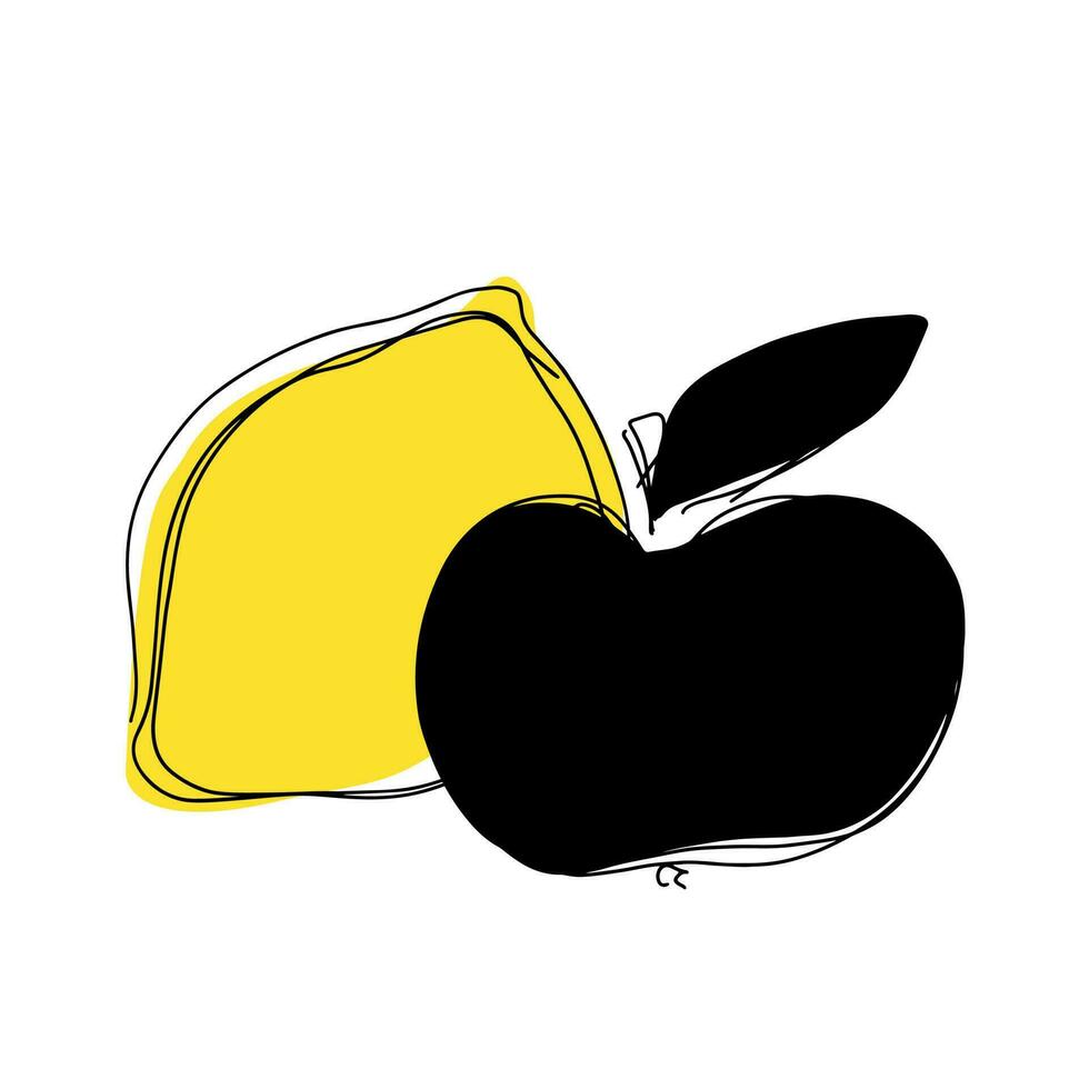 Yellow lemon and apple silhouette on a white background. Vector linear illustration. Sketch. Doodle.