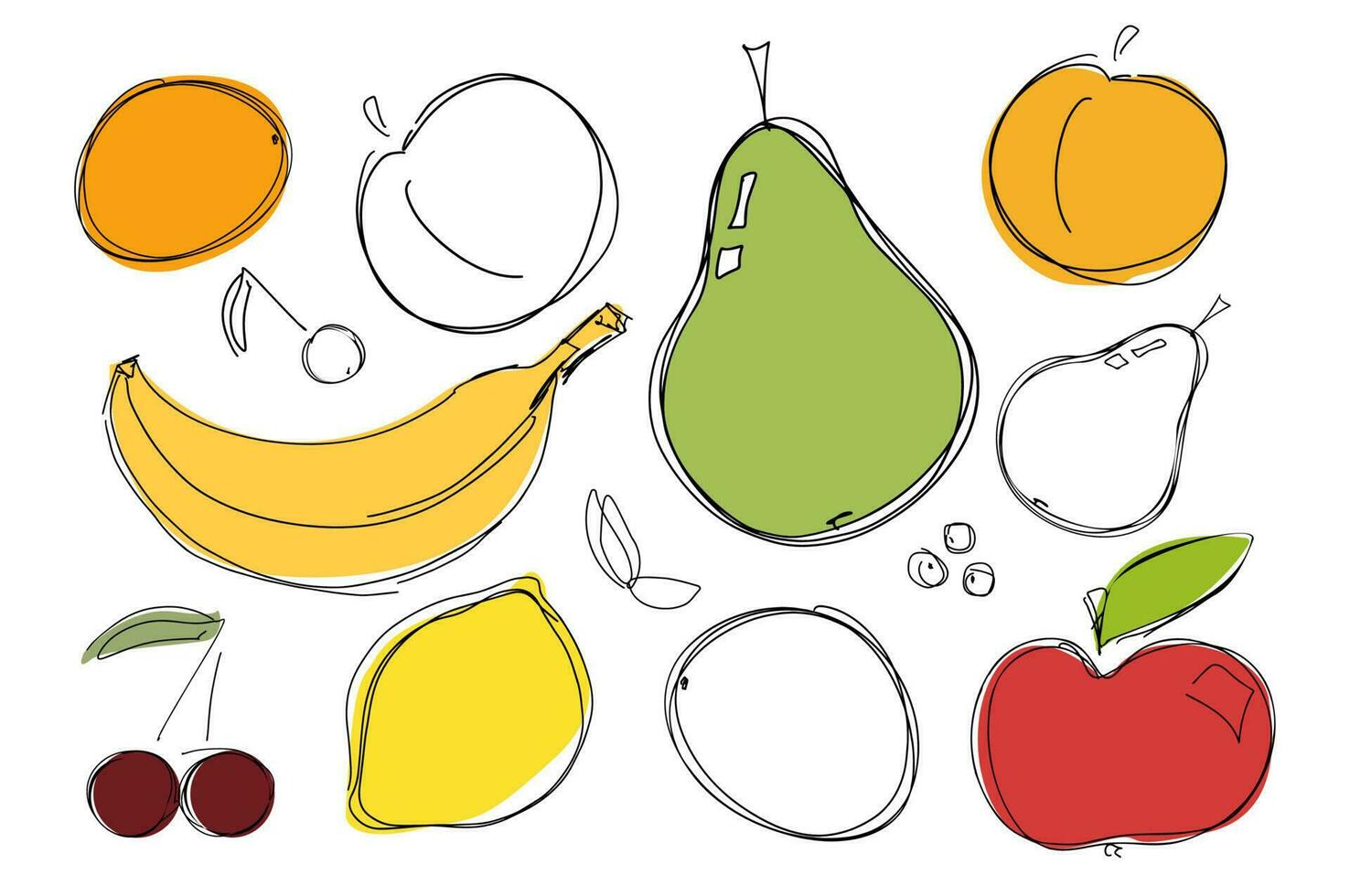 Fruits set. Abstract collection of fruits and citrus. Colored doodles on a white background. Vector illustration for poster, coloring book.