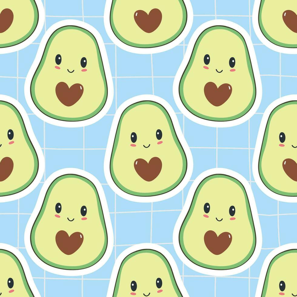 Seamless pattern with cute and funny avocado. Colored flat vector illustration for print.