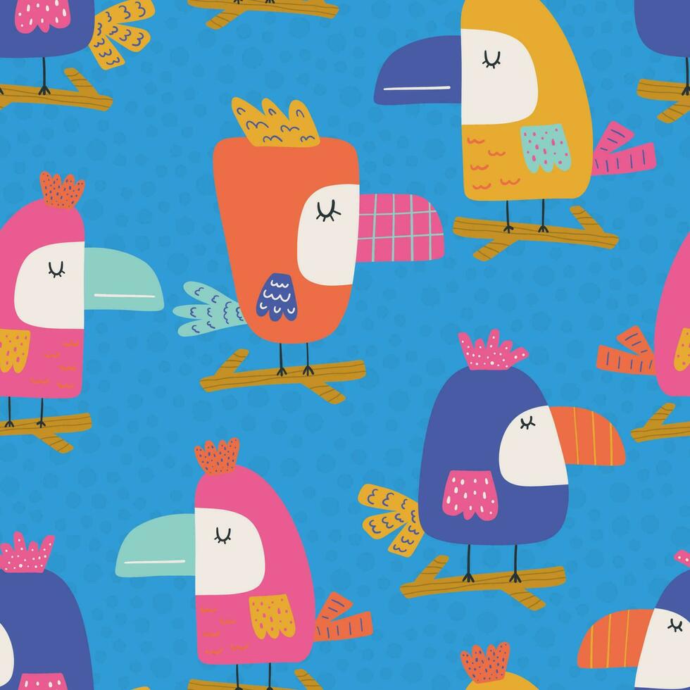 Cute tropical seamless pattern with different exotic birds toucan on blue background. Colorful vector illustration for wallpaper, fabric print, wrapping paper.