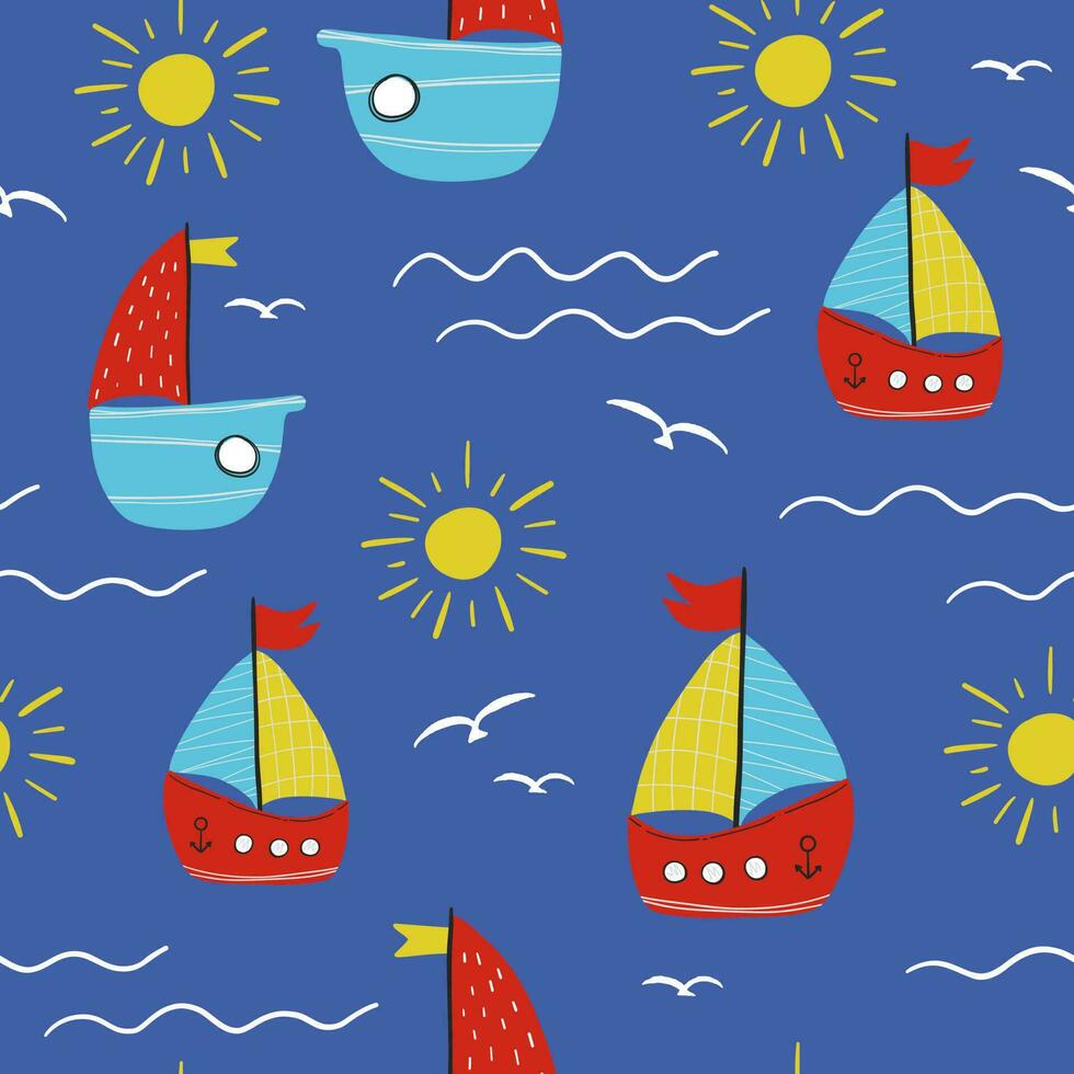 Vector handdrawn color seamless repeating childish simple pattern with cute ships in Scandinavian style on a blue background. Childrens pattern with ships. Sea print. Submarine.