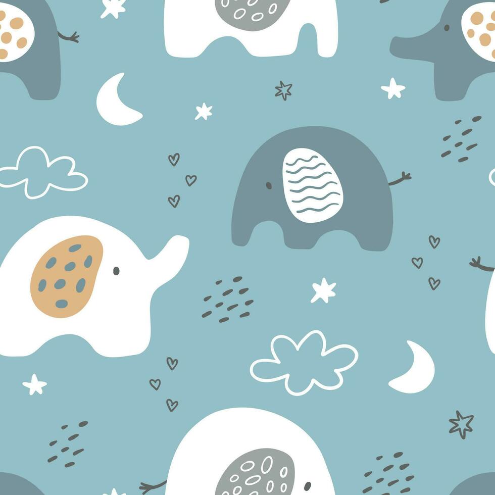 Vector hand-drawn colored childish seamless repeating simple flat pattern with elephants, moon and clouds in Scandinavian style on a white background. Cute baby animals. Pattern for kids.