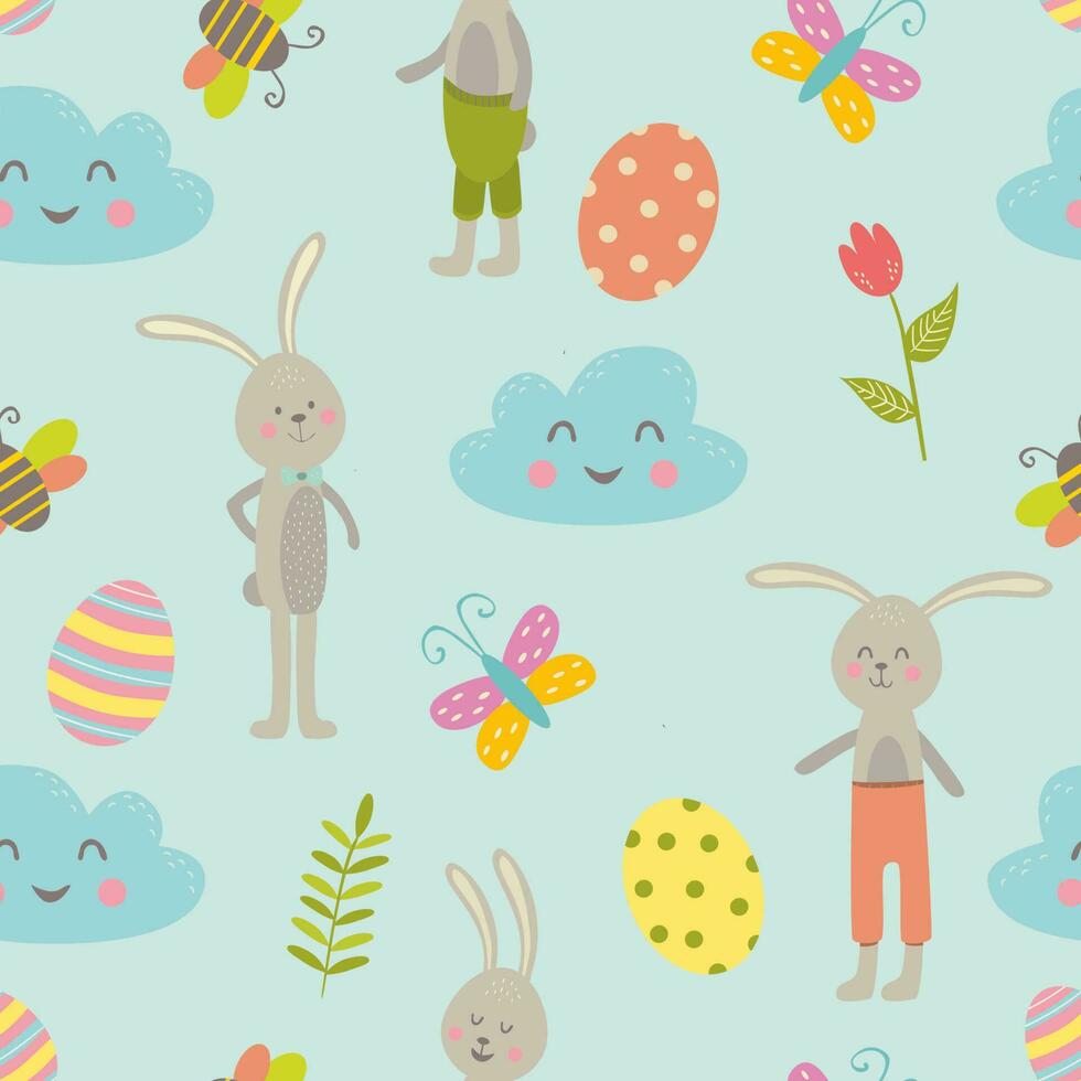 Easter seamless pattern in cartoon style. Colorful childish doodle with eggs, birds and flowers. Creative baby texture for fabric, paper. vector