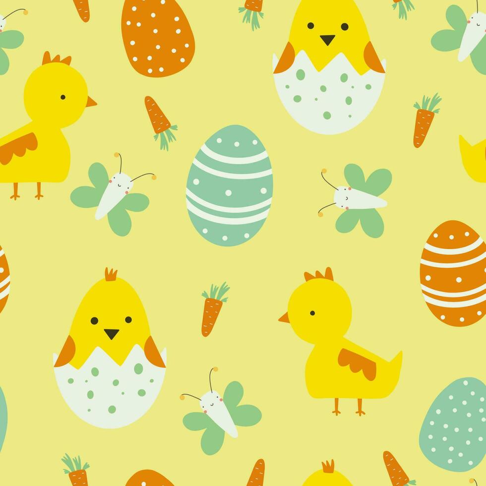 Easter seamless pattern in cartoon style. Colorful childish doodle with eggs, birds and flowers. Creative baby texture for fabric, paper. vector