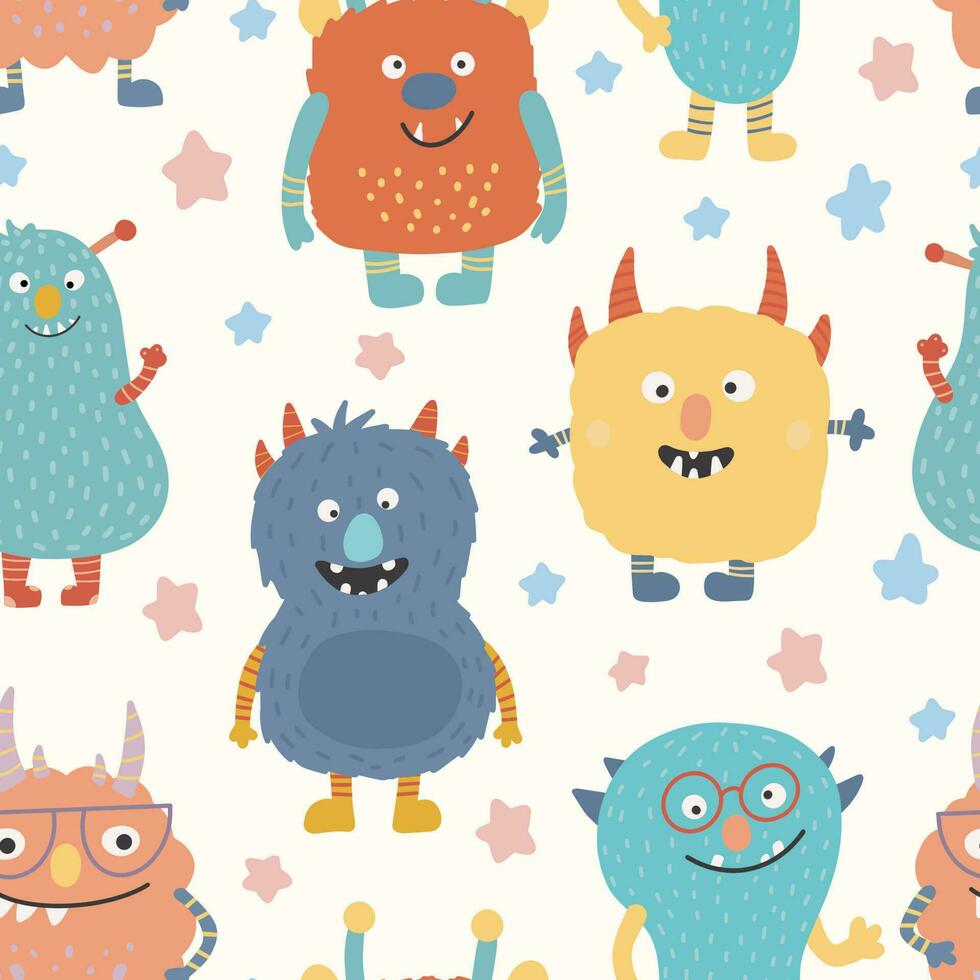 Monster seamless pattern. Cute cartoon characters in simple hand-drawn Scandinavian style. Vector childish funny doodle illustration. Baby clothes, textiles, fabric, wallpaper,paper