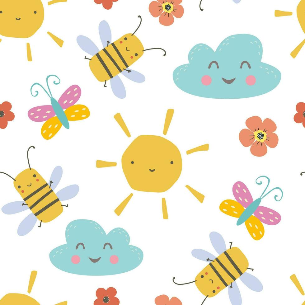 Colorful seamless pattern with funny bees, butterflies and clouds. Background with cute childrens drawings. Flat vector illustration.
