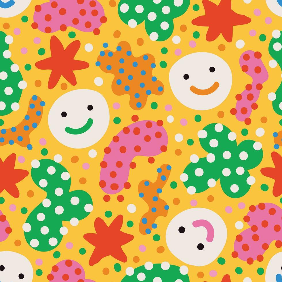 Funny childish doodle seamless pattern. Vector naive characters in scandinavian hand drawn cartoon style. Ideal for children's textiles, clothes, wallpapers