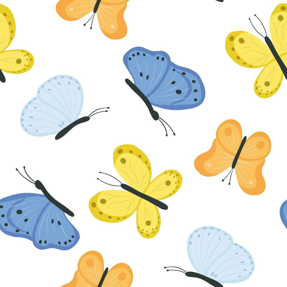 Cute butterflies seamless pattern. Flying insects vector flat illustration. Beautiful hand drawn butterfly wallpaper template. Decorative colorful print