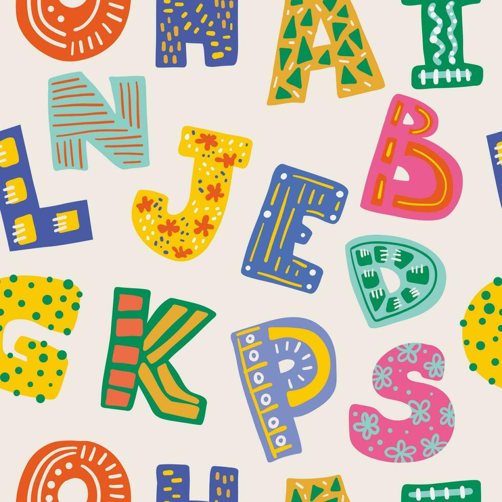 ABC seamless pattern.Cute alphabet print - hand drawn childish seamless pattern design. Scandinavian style alphabet. Vector cartoon hand drawn repeat wallpaper.