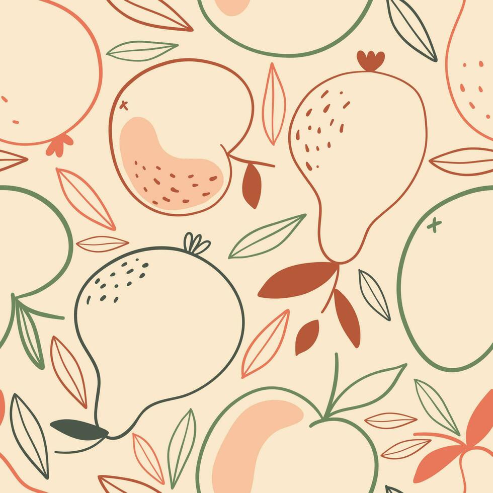 Natural seamless pattern with apples and pears drawn by hand with contour lines on a light background. Background with superfoods. Botanical realistic vector illustration.