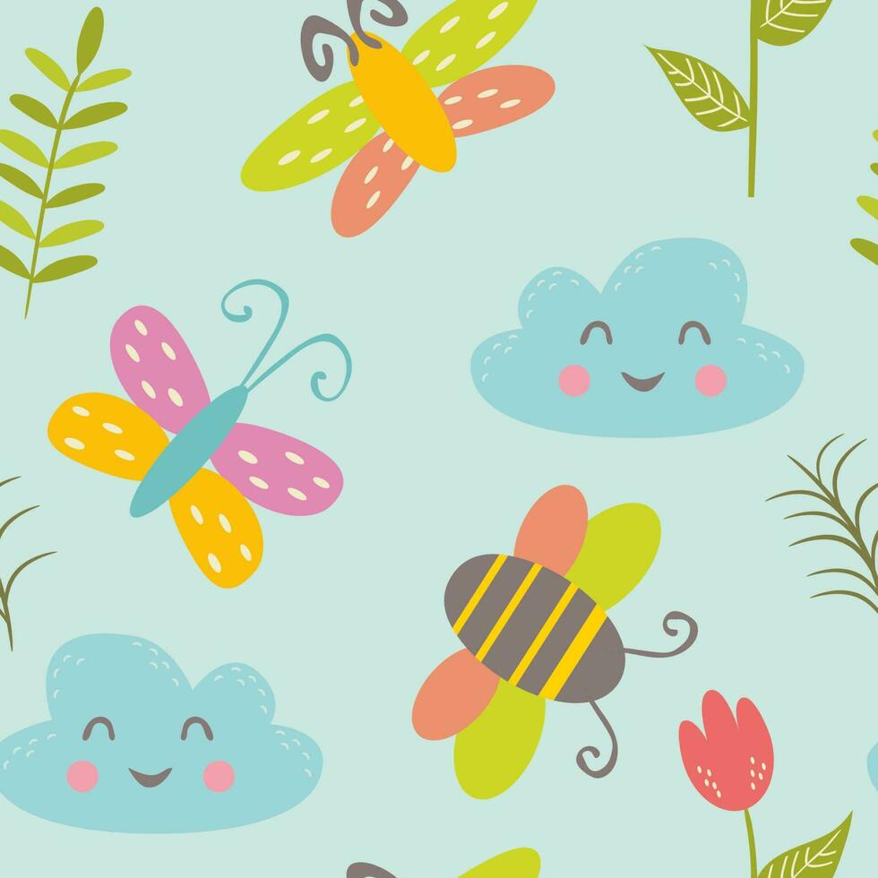 Colorful seamless pattern with funny bees, butterflies and clouds. Background with cute childrens drawings. Flat vector illustration.