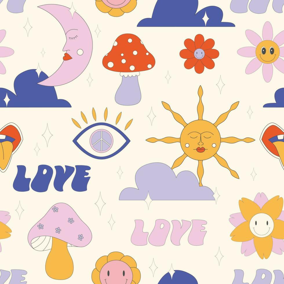 Groovy hippie 1970s background. Funny cartoon flower, rainbow, peace, Love, heart, daisy, mushroom etc. Seamless pattern in trendy trippy retro cartoon style. Flower power. Hippie 60s, 70s style. vector