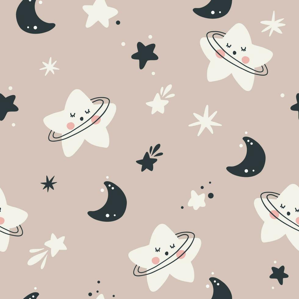 Vector hand-drawn color seamless childish simple pattern for kids with cute starss and moons in Scandinavian style. Baby pattern with night sky. Fabric design. Wallpaper.