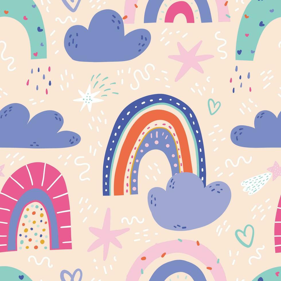 Seamless childish pattern with cute rainbows and rain clouds in doodle style. Colored flat vector illustration of nursery design for printing.