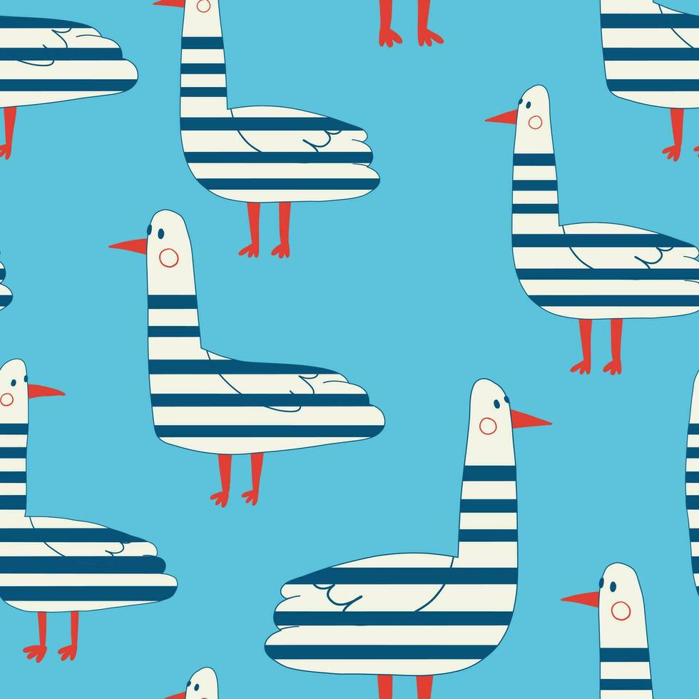 Gull flat vector seamless pattern. Childish cute backdrop. Seagull cartoon texture.