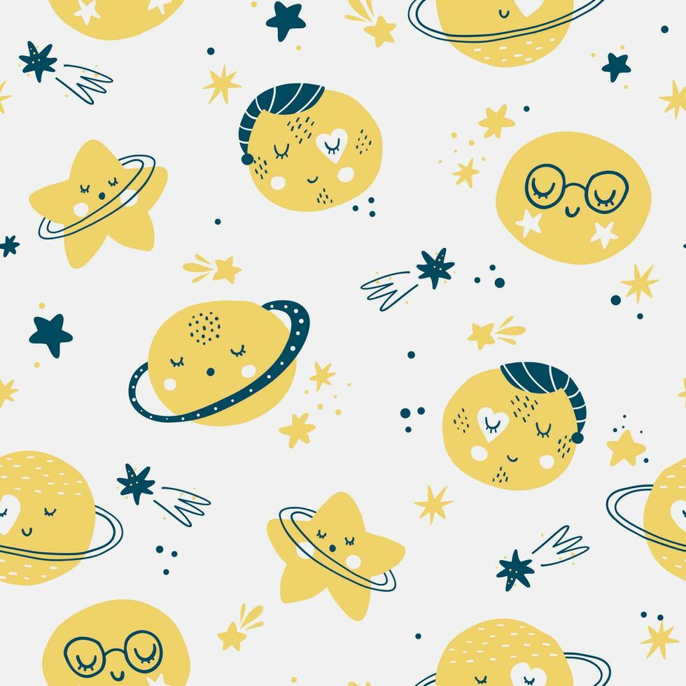 Vector hand-drawn color seamless childish simple pattern for kids with cute planets and moons in Scandinavian style on a blue background. Baby pattern with night sky. Fabric design. Wallpaper.