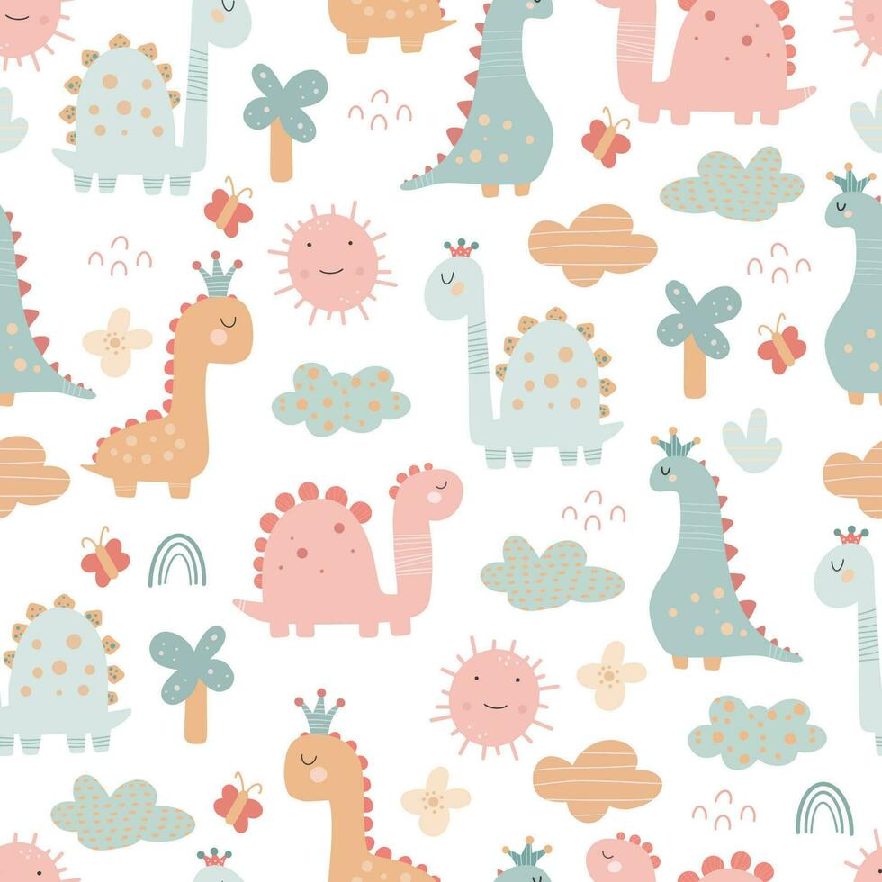 Vector hand-drawn seamless childish pattern with cute dinosaurs. Kids texture for fabric, wrapping, textile, wallpaper, apparel. Dino. Scandinavian style