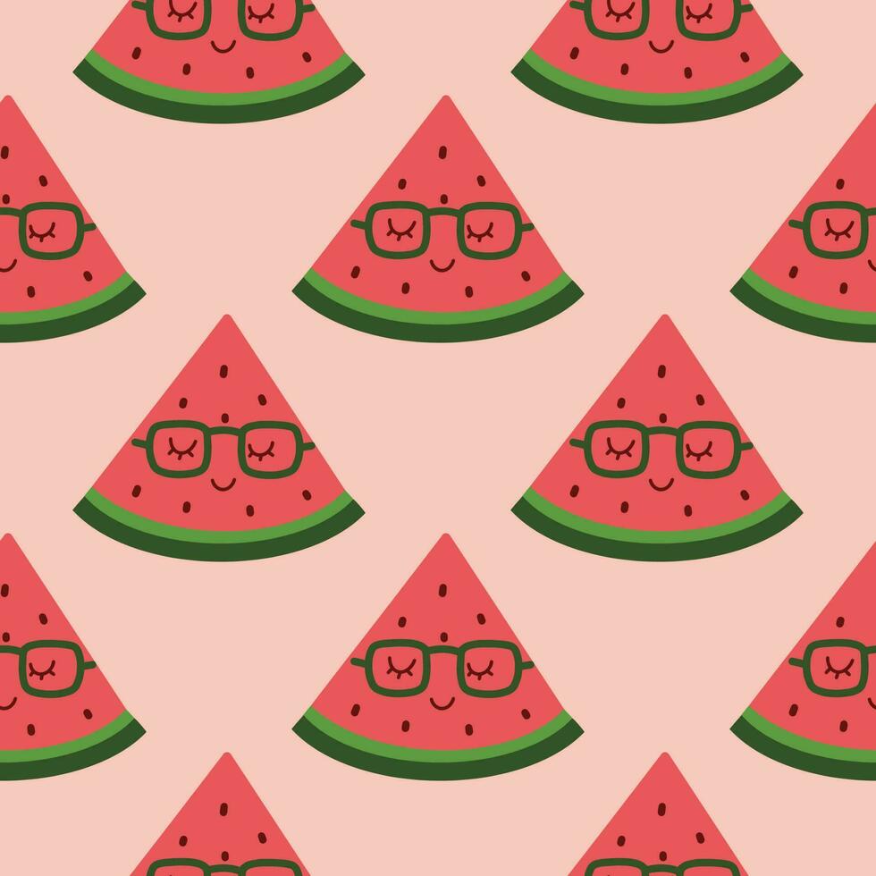Colorful seamless pattern with watermelon on pink background. Backdrop with summer delicious refreshing fruits. Vector illustration for wrapping paper, textile print, wallpaper.