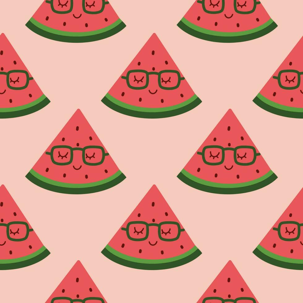 Colorful seamless pattern with watermelon on pink background. Backdrop with summer delicious refreshing fruits. Vector illustration for wrapping paper, textile print, wallpaper.