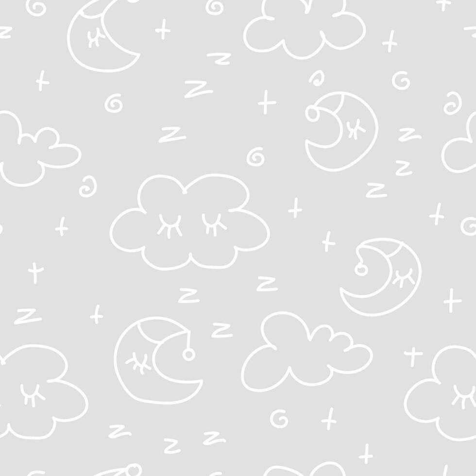 Vector hand-drawn color seamless childish simple pattern for kids with cute cloud and moons in Scandinavian style on a blue background. Baby pattern with night sky. Fabric design. Wallpaper.