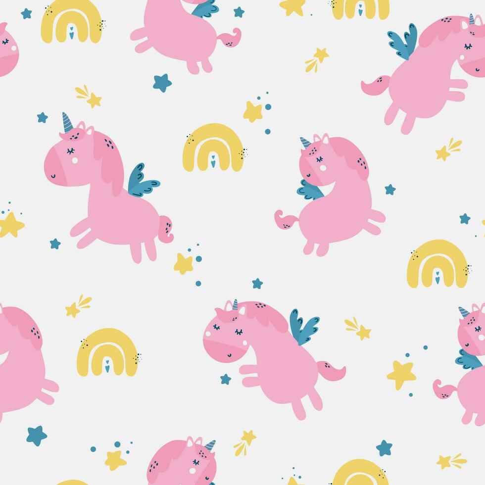 unicornio sin costura modelo. vector dibujos animados linda caracteres en sencillo infantil dibujado a mano escandinavo estilo. vistoso paleta ideal para impresión bebé textiles, ropa