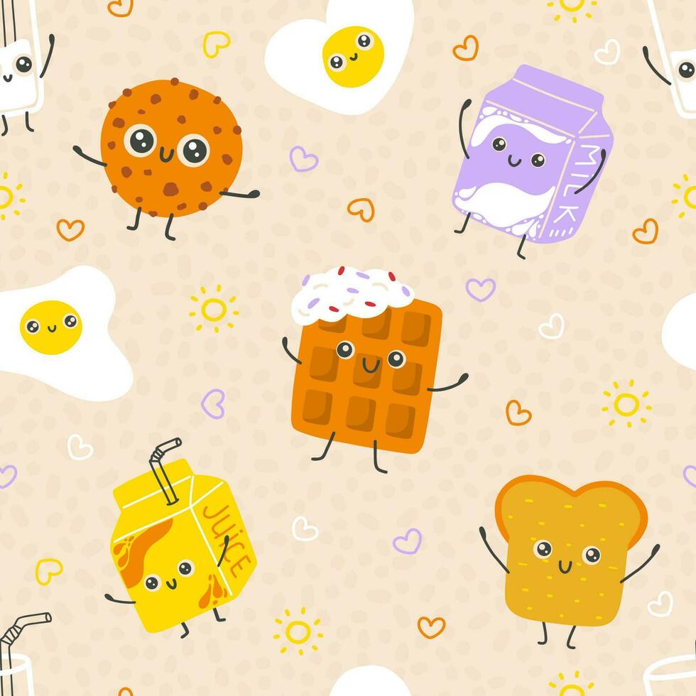 Cute pattern with breakfast characters. Cookie, waffle, milk and juice. Colorful pattern for baby clothes, bedding and more. Childish texture for fabric, wrapping, textile, wallpaper. vector
