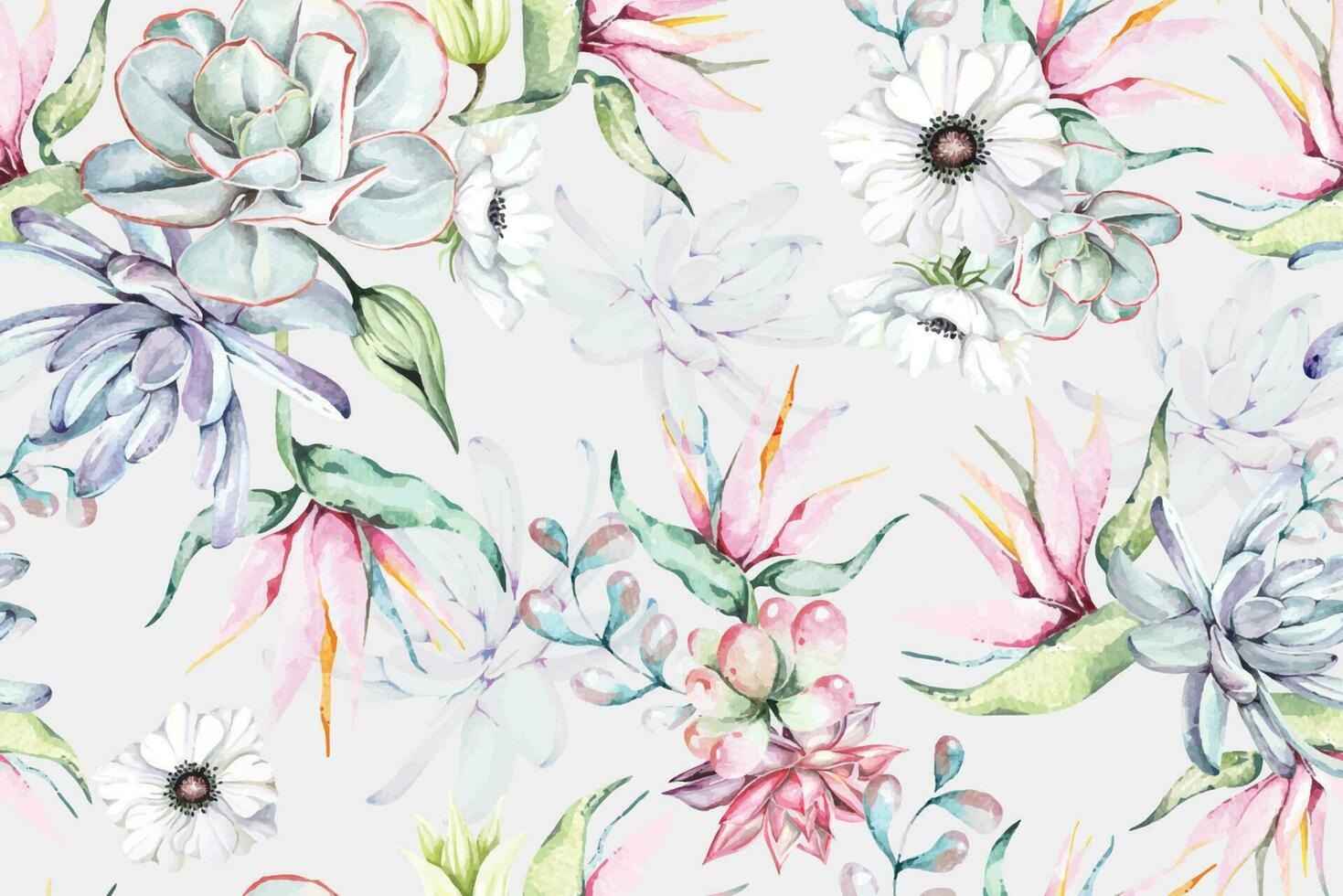 Pattern of anemone and flowers with watercolor for fabric and wallpaper.Botanical floral background. vector