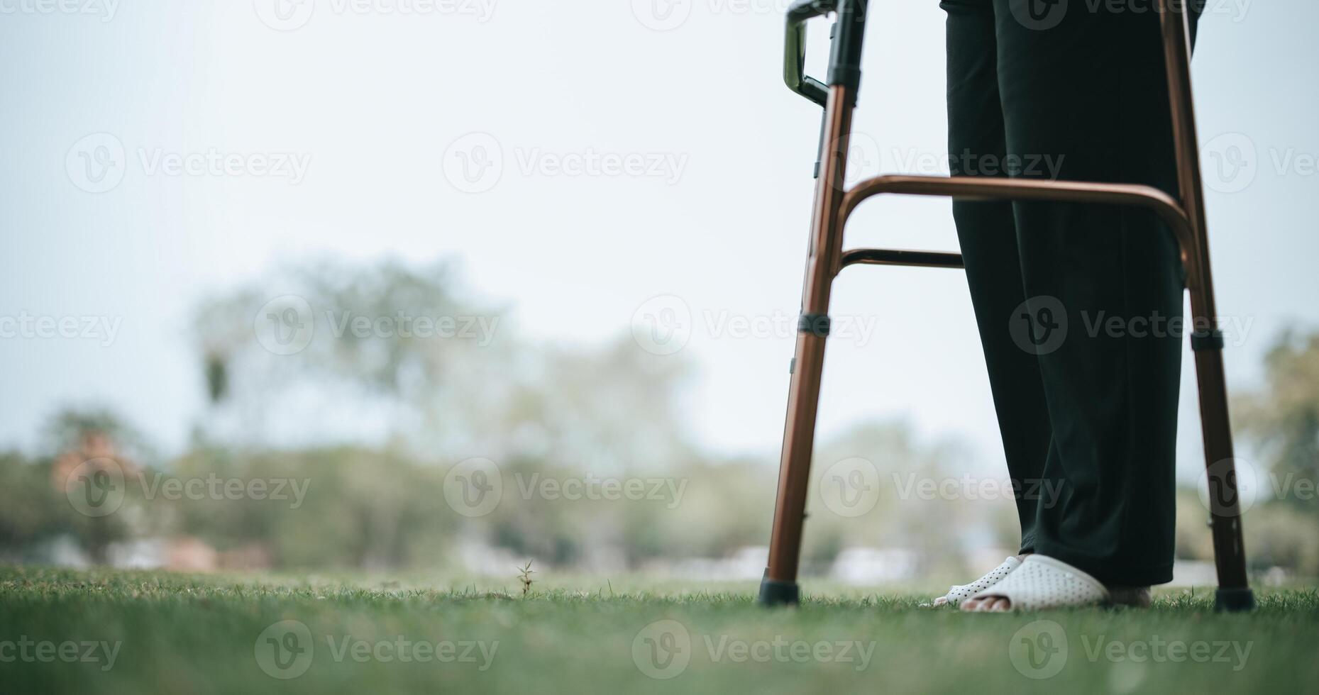 Mature Asian woman uses a support device while training to walk photo