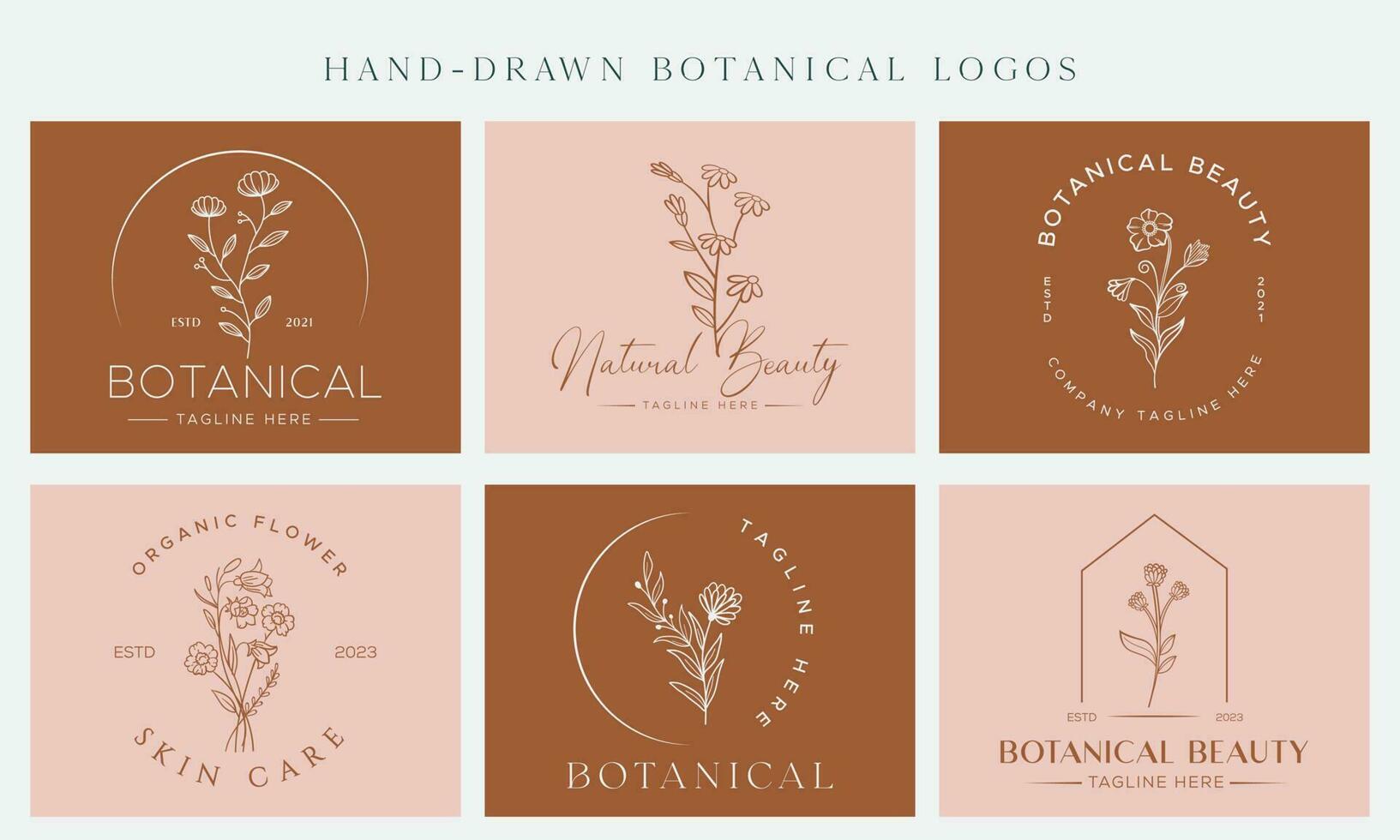 Botanical Floral element Vector Trendy Hand Drawn Logo with Wild Flower and Leaves. Logo for spa and beauty salon, boutique, organic shop, wedding, floral designer, interior, photography, cosmetic.