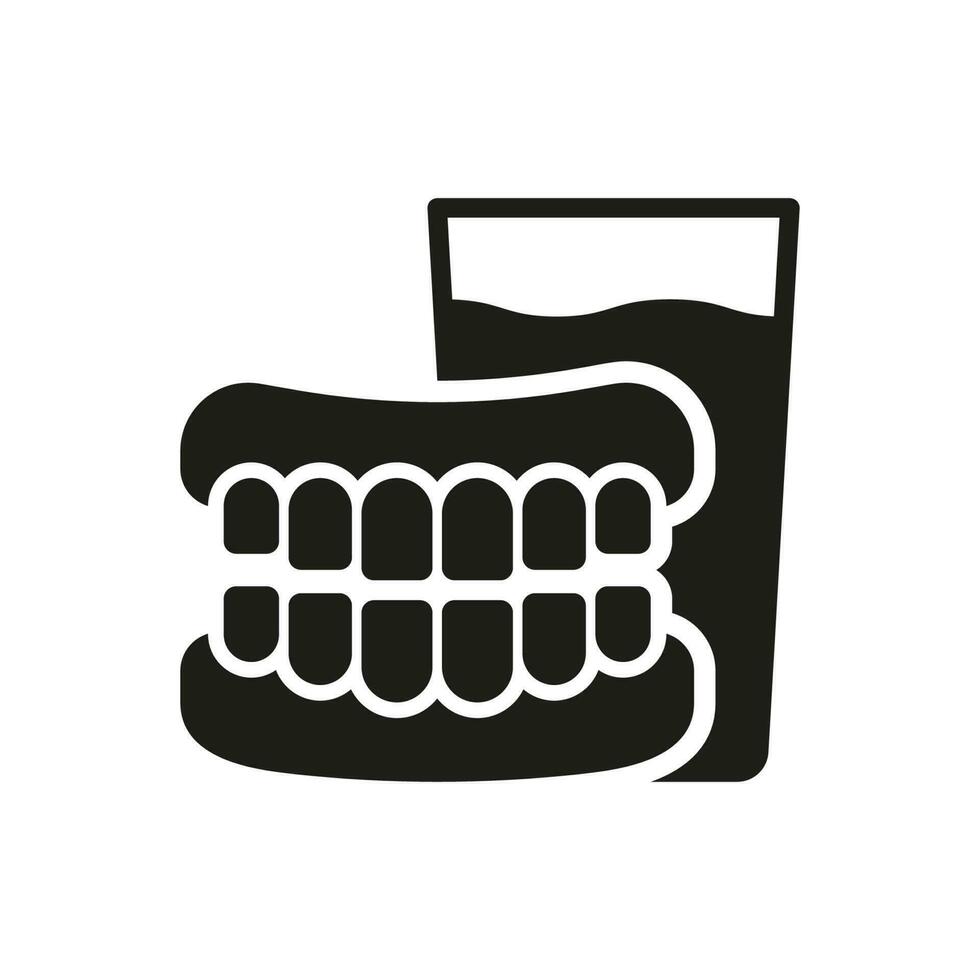 Medical Dental Prosthetic. Denture with Glass of Water Silhouette Icon. Human False Tooth Glyph Pictogram. Artificial Tooth. Dental Treatment Sign. Dentistry Symbol. Isolated Vector Illustration.