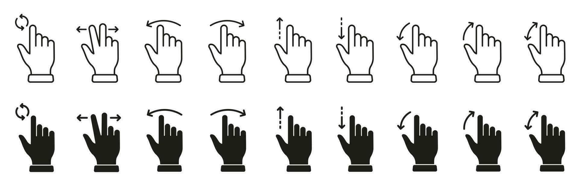 Computer Cursor, Pointer Icon Set. Hand with Finger Digital Mouse Click Line and Silhouette Sign. Website and App Interface, Press, Tap, Link, Choice Button Symbol. Isolated Vector Illustration.