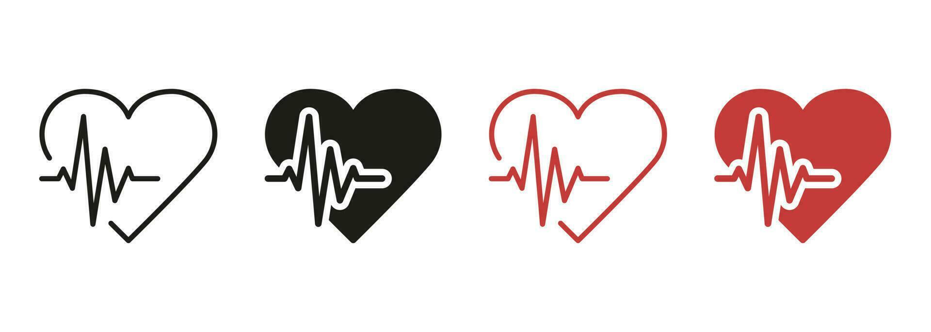 Healthy Pulse, Heartbeat Rhythm Line and Silhouette Color Icon Set. Human Heart Beat Pictogram. Emergency Cardiac Diagnosis Symbol Collection on White Background. Isolated Vector Illustration.