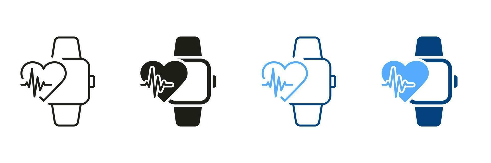 Heart Pulse Control in Smartwatch Line and Silhouette Icon Set. Smart Watch Technology for Sport Pictogram. Heartbeat Rate App in Fitness Bracelet Symbol Collection. Isolated Vector Illustration.