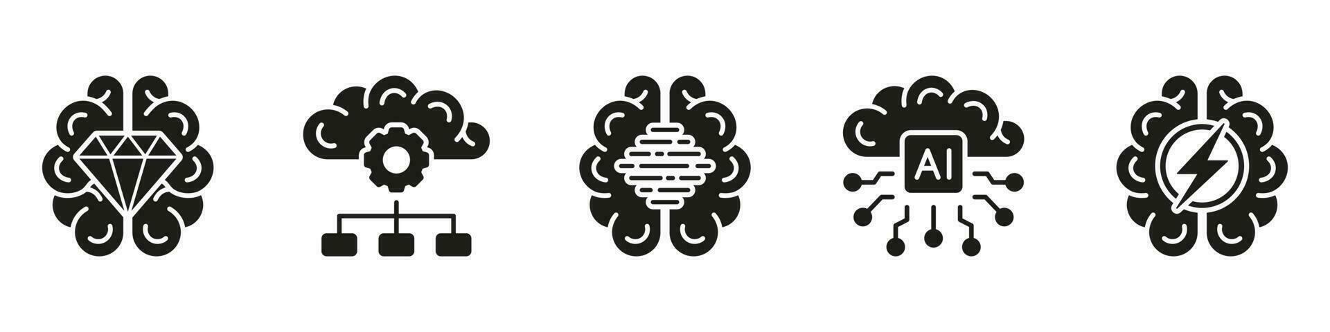 Artificial Intelligence Black Glyph Icon Set. Machine Learning Solid Symbol Collection on White Background. Digital Brain and Tech Science Silhouette Pictogram. Isolated Vector Illustration.