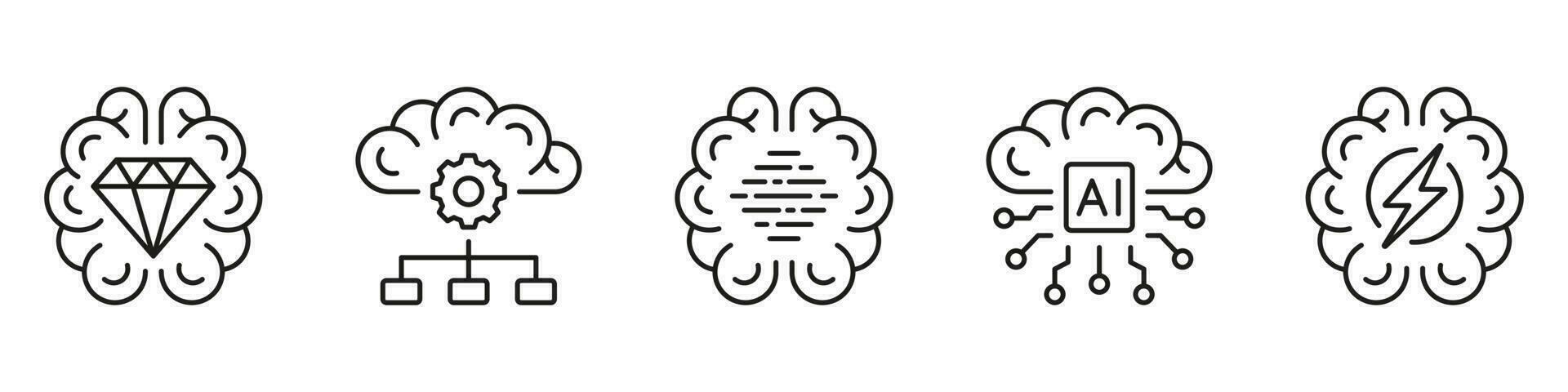 Digital Brain and Tech Science Linear Pictogram. Machine Learning Symbol Collection on White Background. Artificial Intelligence Black Line Icon Set. Editable Stroke. Isolated Vector Illustration.