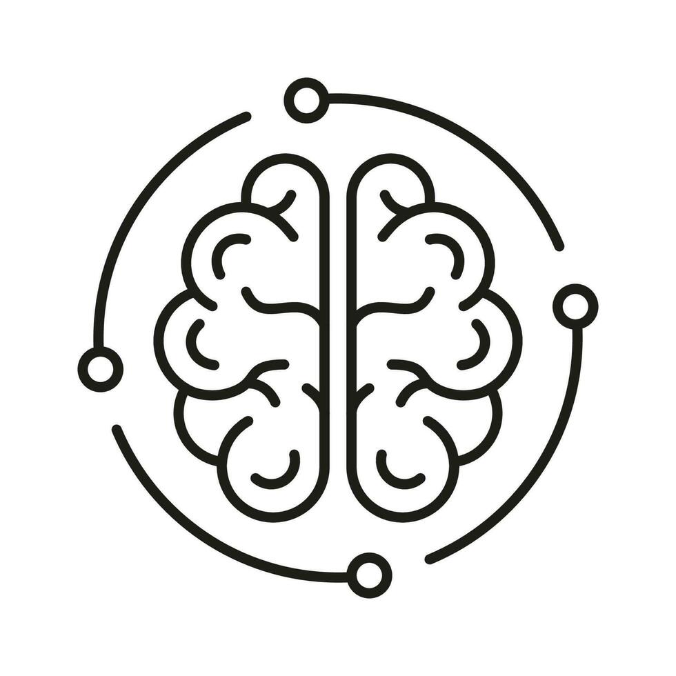 Human Brain and Digital Technology Black Line Icon. Tech Science Linear Pictogram. Neurology and Artificial Intelligence Symbol on White Background. Editable Stroke. Isolated Vector Illustration.