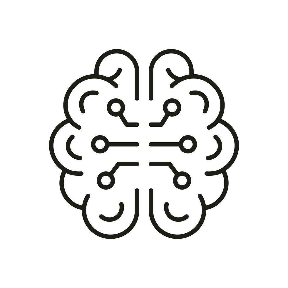 Neurology and Artificial Intelligence Symbol on White Background. Tech Science Linear Pictogram. Human Brain and Digital Technology Black Line Icon. Editable Stroke. Isolated Vector Illustration.
