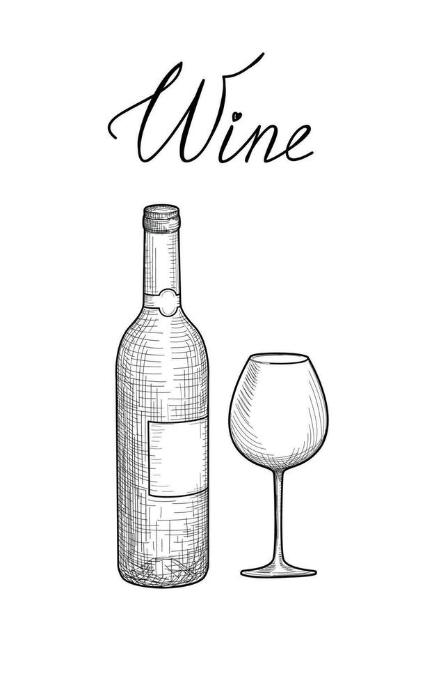 juego de vino beber vino. copa de vino grabado ilustración retro. pancarta de café con copa de vino. icono de la tarjeta de vino. boceto de utensilios. señal de cristalería vector
