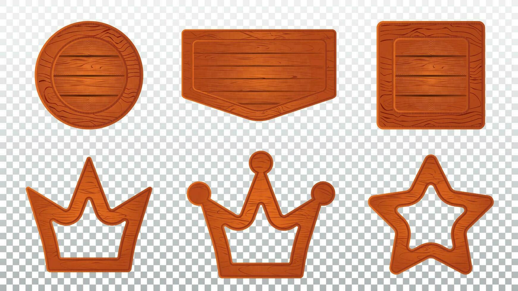 Wooden crown game board frame. Orange wood cartoon signboard for menu interface plank set. Blank level plaque piece collection. Isolated rustic maple button gui template for farm mobile app vector