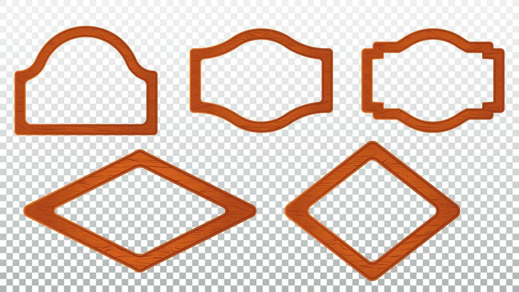 Retro orange wood sign board cartoon vector panel. Wooden texture rhombus frame banner. Ui signboard design set for farm rustic app menu template. Blank level label piece illustration collection.