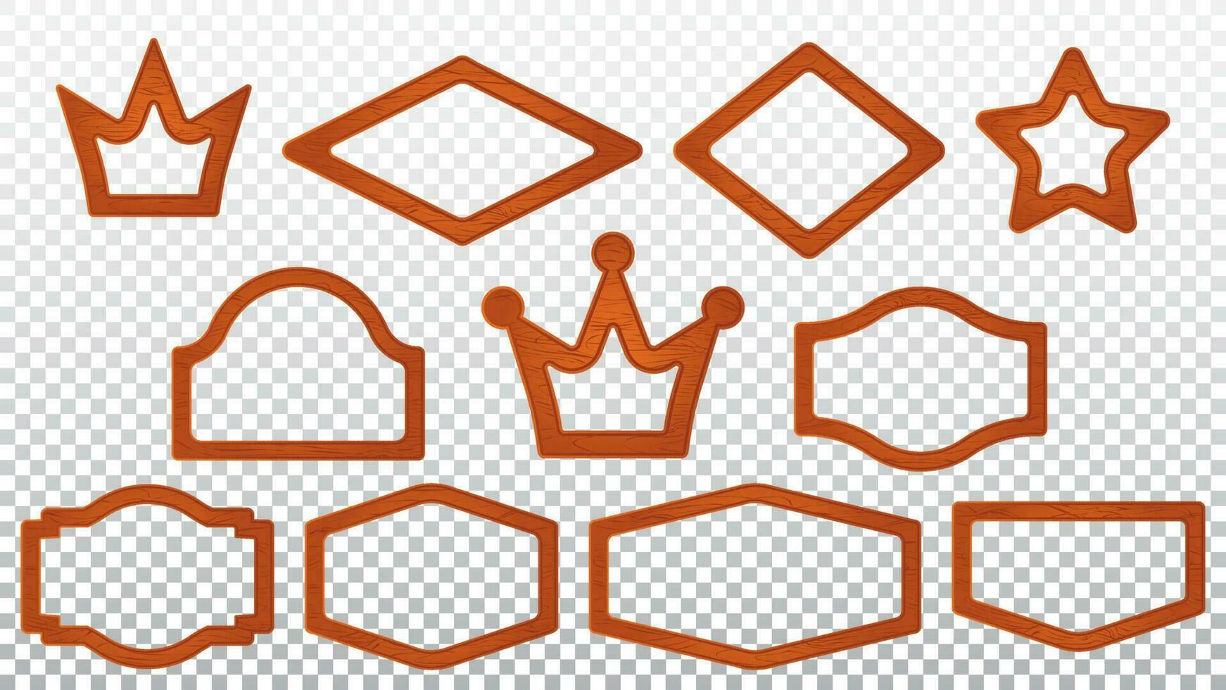 Crown orange wood game avatar frame cartoon vector. Photo banner icon design for rustic ui interface. Rhombus and star rank piece graphics element set. Blank app level signboard plate illustration. vector