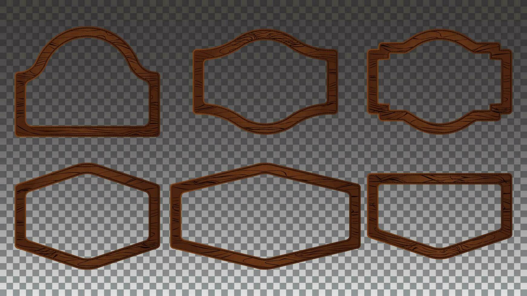Cartoon wood texture sign board vector game ui border. Vintage wooden frame label isolated, Brown boarder plank illustration set. Antique nail saloon retro panel element.